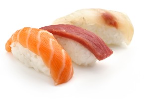 nigiri sushi of salmon, tuna and sea bass
